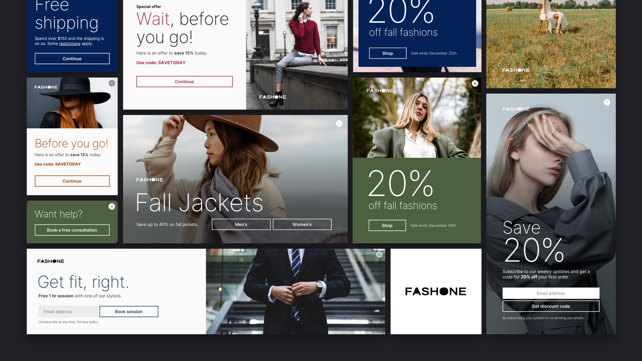 A collection of popup and banners from the Fashone design kit