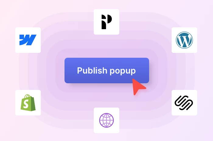 Illustration of a publish button and various website builders and e-commerce platforms