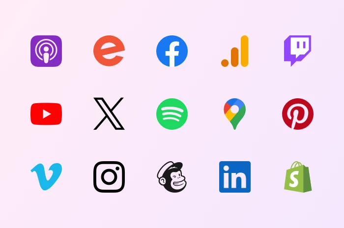 A collage of app and integration icons including Eventbrite, Facebook, Twitch, Youtube, X, Mailchimp, Shopify and more.